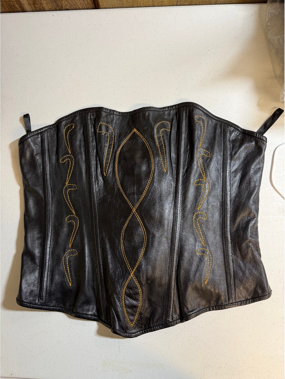 Black Genuine Soft Leather Corset with Yellow Stitching and Lace-Up Back XXL